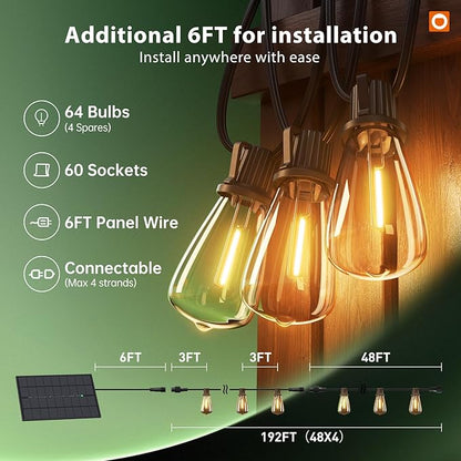 addlon 198FT(192+6) Solar String Lights Outdoor with Remote, Long-Lasting Waterproof Patio Lights, Dimmable & Timable Hanging Solar Light with 60 LED Bulbs for Outside, Yard, Garden, Camping, Gazebo