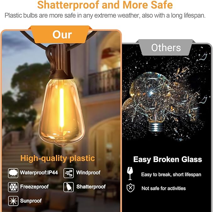 LAMPHOME LED Outdoor String Lights 100FT Patio Lights with 52 Shatterproof ST38 Vintage Edison Bulbs, Outside | Lumora