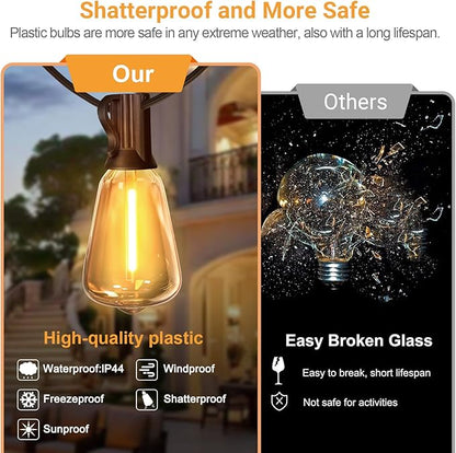 LAMPHOME 51FT Outdoor String Lights Waterproof, 2700K Bright LED Patio Lights with 25+2Spare ST38 Shatterproof Vintage Bulbs, Retro Connectable Edison for Outside, Garden, Balcony, Porch