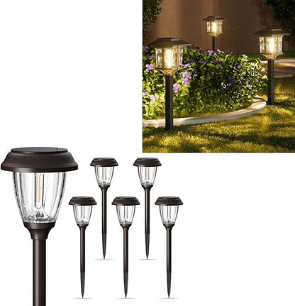 XMCOSY+ Solar Lights Outdoor Waterproof IP65 10/25 LM LED with 2 Lighting Modes 6 Pack | 15 LM Garden Lights with Metal Glass, 2-Tone Bronze & Wood (Color) Pathway Lights 4 Pack (Warm White)