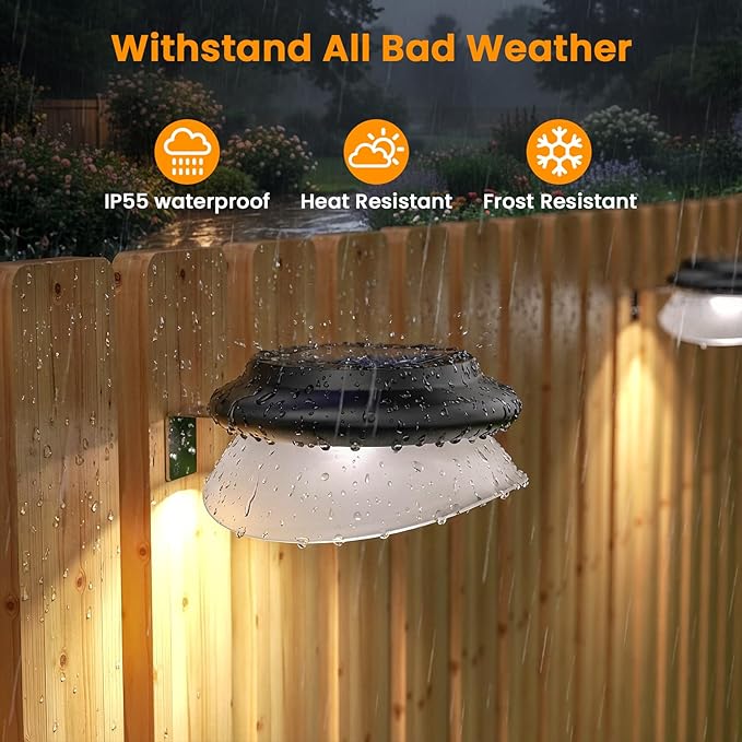 ROSHWEY Outdoor Fence Lights, 6 Pack Solar Gutter Lights with 9 LED Waterproof for Eaves Garden Garage Porch Stairs Wall 2 Installations Methods, Black Lampshade (Cool White)