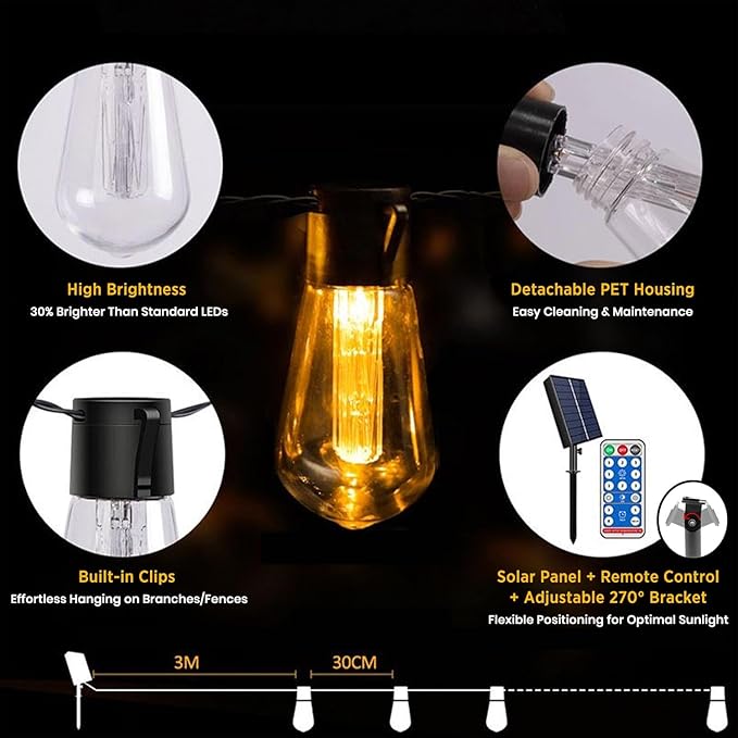 VENETIO 30LED 12m Solar String Lights Outdoor Waterproof, [3000K Auto Light-Sensing] 50,000H Long-Lasting, 8 Lighting Modes + 4 Timer/Dimmer Remote Control, Shatterproof IP54 Garden Patio Lights