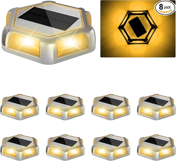 Solar Dock Lights Driveway Deck Lights - 8 Packs Waterproof Outdoor LED Aluminum Dock Lighting Warning Step Light for Driveway Sidewalk Garden Pathway Yard (Warm White,Gray Shell)