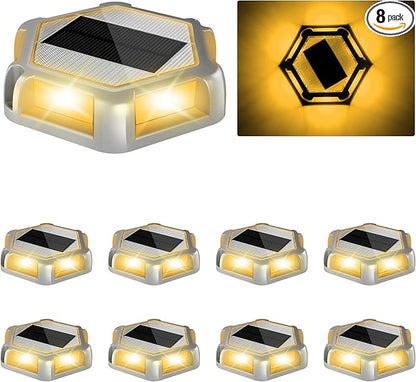 Solar Dock Lights Driveway Deck Lights - 8 Packs Waterproof Outdoor LED Aluminum Dock Lighting Warning Step Light for Driveway Sidewalk Garden Pathway Yard (Warm White,Gray Shell)