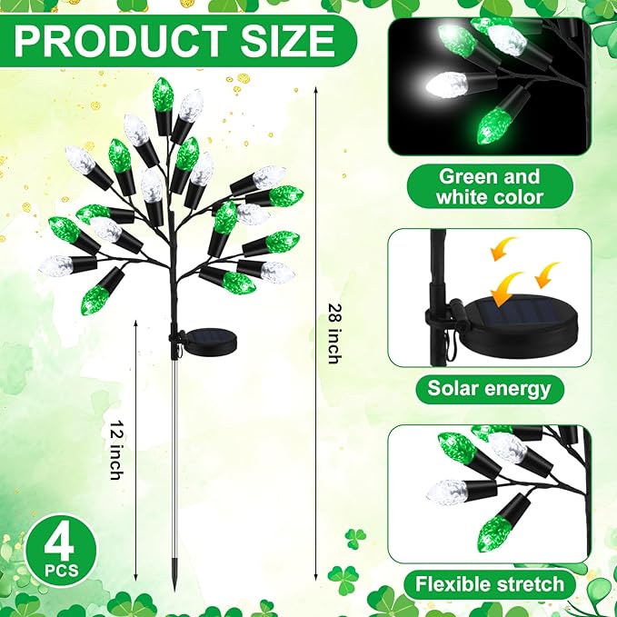 4 Pcs ST Patricks Day Solar Pathway Lights Outdoor Decorations 28" Irish Shamrock Stake Light Waterproof Yard 8 Modes 80 LEDs Green White Tree for Walkway Path Garden Patio Decor