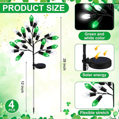 4 Pcs ST Patricks Day Solar Pathway Lights Outdoor Decorations 28" Irish Shamrock Stake Light Waterproof Yard 8 Modes 80 LEDs Green White Tree for Walkway Path Garden Patio Decor
