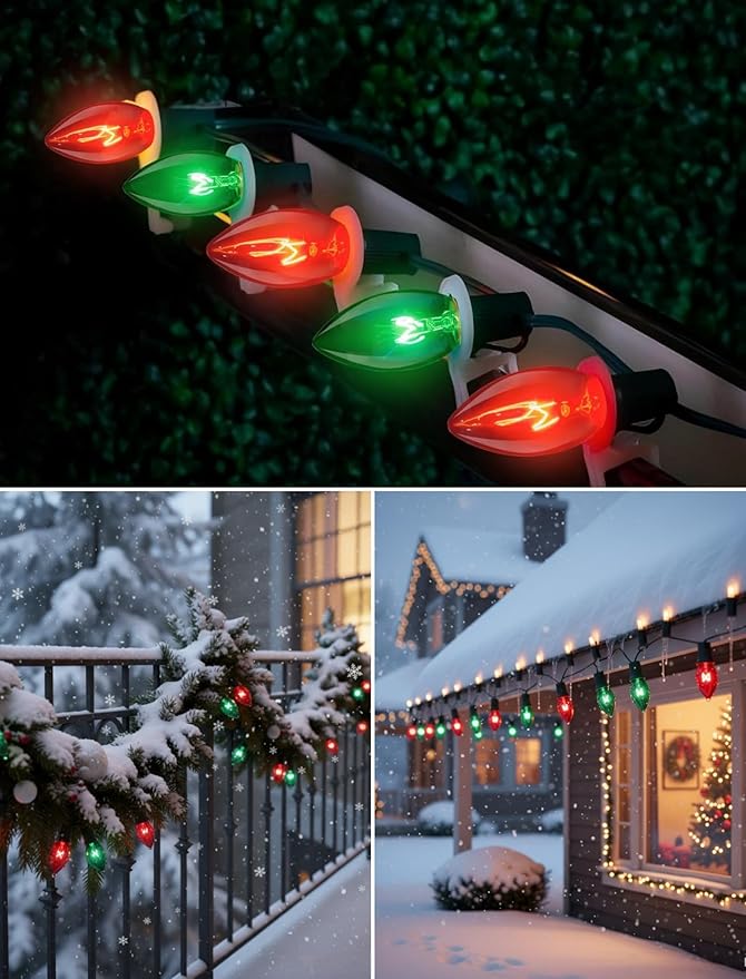 25ft Red and Green Outdoor Christmas Lights,C9 Vintage Christmas String Lights with 26 Red Green Bulbs(1 Spare),Waterproof Hanging Christmas Lights for Roofline Tree Backyard Decor