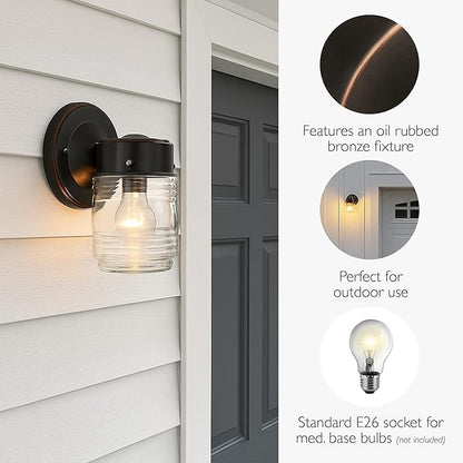 Design House 505198 Jelly Jar Classic 1-Light Indoor/Outdoor Wall Light with Clear Ribbed Glass for Entryway Porch Patio, Oil Rubbed Bronze