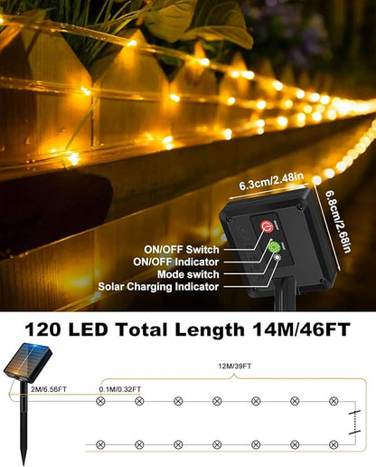 btfarm Solar Rope Lights Outdoor, 120LED 46FT Solar String Lights Outside Waterproof, 8 Lighting Modes Solar Powered Strip Tube Light for Garden Tree Christmas Yard Party Wedding Decor, Warm White