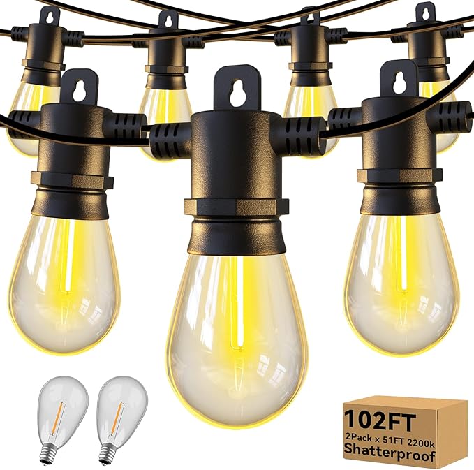 Aialun 102ft 2Pack Outdoor String Lights 2200K Warm White,Outside Patio Lights Led S14 Shatterproof Plastic Edison Bulbs, Waterproof Backyard Light String Decor for Cafe,Bistro,Porch,Deck,Gazebo