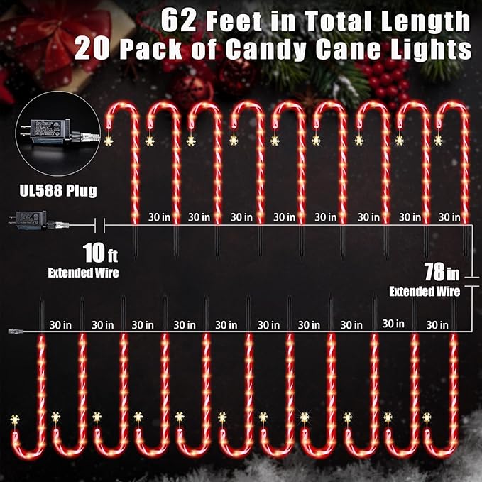 20 Pack 36" Candy Cane Lights Outdoor Pathway with Timer 6/18H, Real 30" (36" with Stake) Tall Candy Cane Pathway Lights, 62FT Christmas Decorations Outside, 8 Modes Warm LED Lights with Snowflake