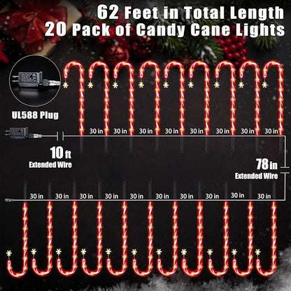 20 Pack 36" Candy Cane Lights Outdoor Pathway with Timer 6/18H, Real 30" (36" with Stake) Tall Candy Cane Pathway Lights, 62FT Christmas Decorations Outside, 8 Modes Warm LED Lights with Snowflake