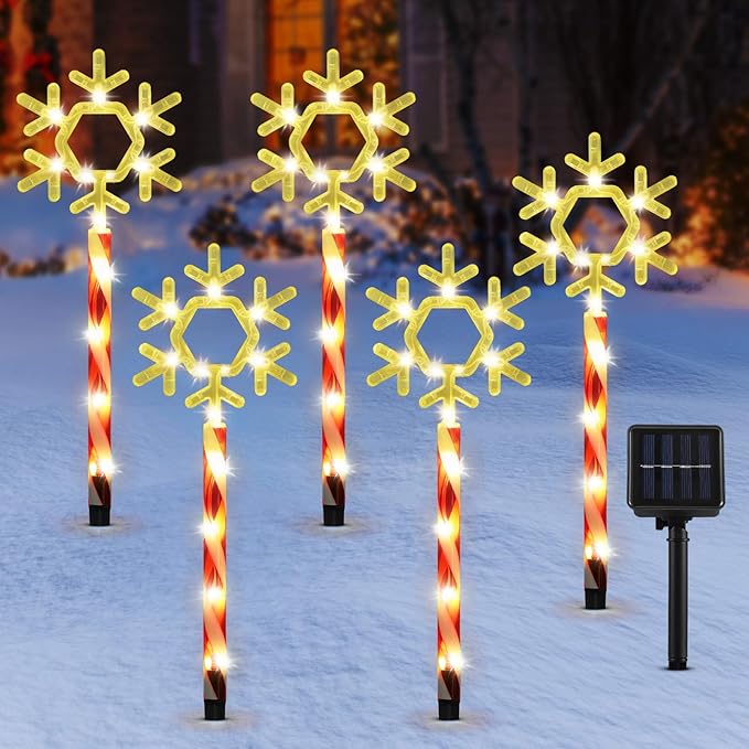 Lewondr Solar Christmas Pathway Lights, 5 PCS Solar Christmas Decorations Outdoor with 2 Lighting Modes, Clear Snowflake Lights with Red Pole and Garden Stake, Waterproof Yard Lawn Patio Holiday Decor