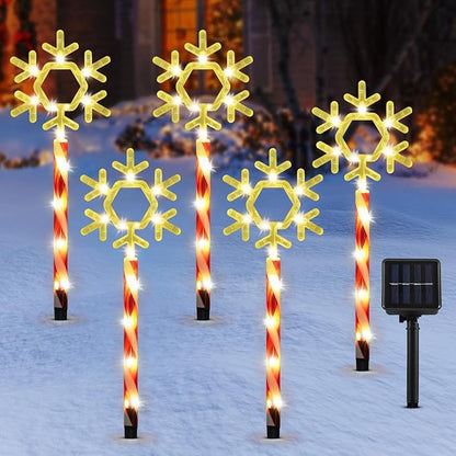 Lewondr Solar Christmas Pathway Lights, 5 PCS Solar Christmas Decorations Outdoor with 2 Lighting Modes, Clear Snowflake Lights with Red Pole and Garden Stake, Waterproof Yard Lawn Patio Holiday Decor