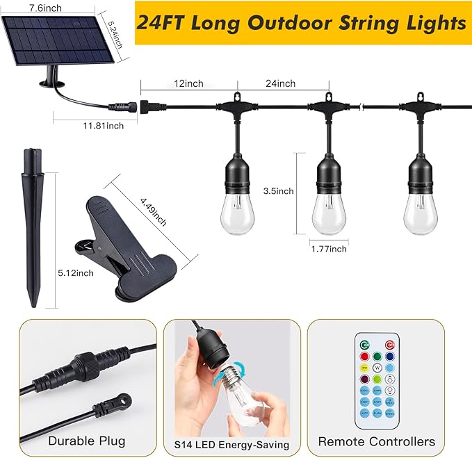 24FT Solar Outdoor String Lights, 12 Shatterproof E26 Edison LED Bulbs, Dimmable RGB Color Changing Patio Lights | Lumora
