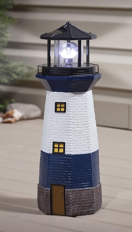 Solar Lighthouse by Maple Lane Creations- Rotating LED Light Outdoor Décor - Lawn and Garden Resin Lighthouse