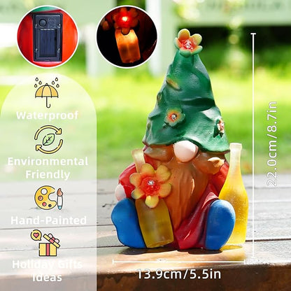 Solar Garden Statues Lights, 8.5" Christmas Outdoor Gnome Figurine with Auto On/Off for Yard Patio Decor, Gifts for Women, Grandma, Mom, Housewarming,Spring Garden Decor