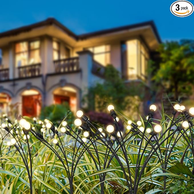 Sunco Solar Firefly Pathway Lights, Swaying Outdoor Garden Landscape Lighting, 2400K Warm White, Waterproof Yard Patio Ground Lights, Cross Spike Stake for Easy in Ground Install 3 Pack.