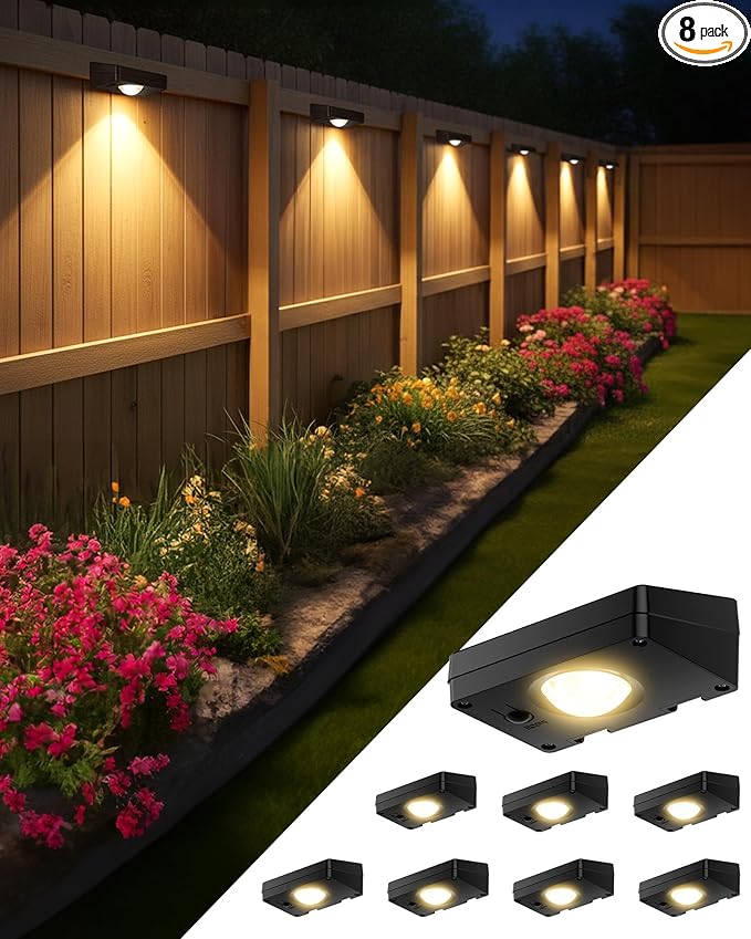 Solar Fence Lights Outdoor, 3000/4500/6000K 3 Mode, Fence Lights Solar Powered for Outside Backyard, Railing, Step, Patio, Fence Post, Home Improvement Garden Decor，8 Pack