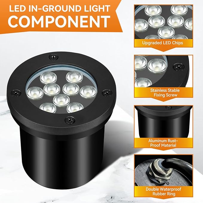 9W Landscape Light, Outdoor 120V In-Ground Lights IP68 Waterproof 5500k Warm White Outdoor Well Lights for Yard | Lumora