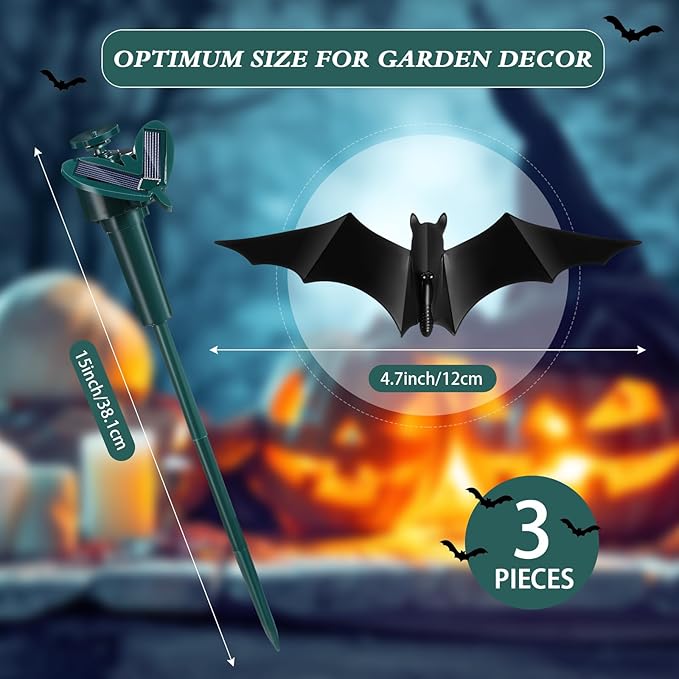 VIHOSE 3 Pack Halloween Bat Solar Decorative Bat Garden Stakes Decorative Outdoor Solar Stick for Yard Haunted House Porch Ornament for Patio Lawn Outside Decoration (Battery Not Included)