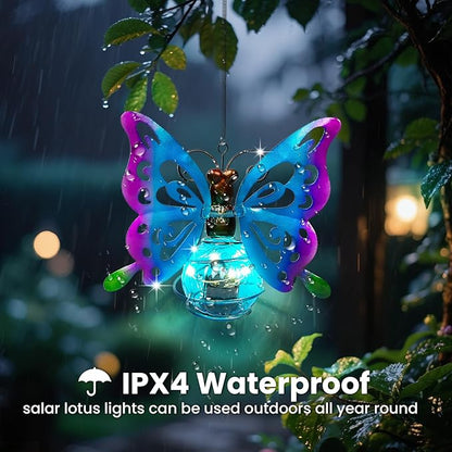 Solar Hanging Butterfly Lights LED Outdoor Garden Decor Light Waterproof Powered Unique Decorations for Sister Birthday Gardening Gifts for Mom Women Front Porch Balcony Backyard Yard Path