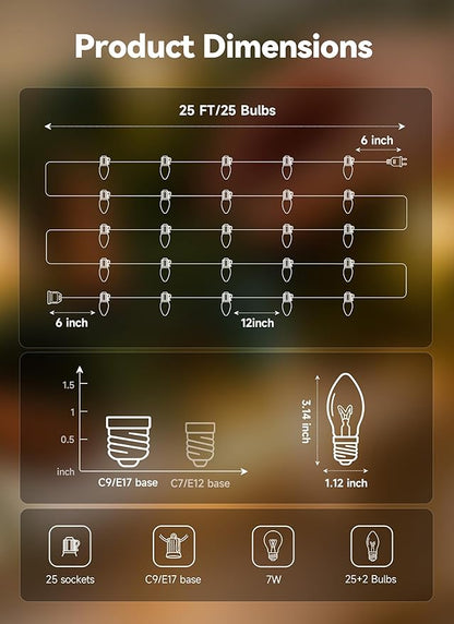 Minetom C9 Clear Christmas String Lights, 25FT 25 Bulbs Bright & Warm Outdoor Christmas Lights, Long Life C9 String Lights for Tree Patio Gazebo Wreath, Green Wire
