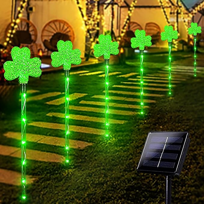 Solar Shamrocks Garden Stake Lights for St. Patrick's Day Decorations Outdoor, 8 Modes Green Lucky Clover Pathway Lights Waterproof St. Patrick's Lights for Yard Lawn Walkway Decor (6 Pack)