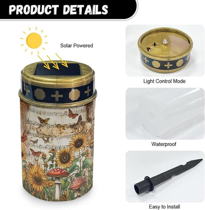 Vintage Sunflower Outdoor Garden Lights LED Solar Lantern Waterproof Solar Powered Fairy Lights for Outside,Flameless Warm White Pathway Lights,Wall Light Auto On & Off