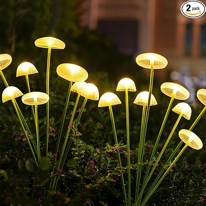 Solar Garden Lights Outdoor Waterproof, 2 Pack 16 LED Mushroom Solar Lights, Sway by Wind Mushroom Light Jellyfish Light for Patio Yard Garden Landscape Pathway Lawn Decor Warm White