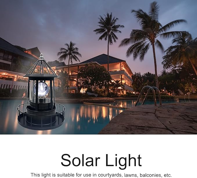 LED Solar Powered Lighthouse, 360 Degree Rotating Lamp Courtyard Decoration Waterproof Garden Smoke Towers Statue Lights for Outdoor Garden Pathway Patio
