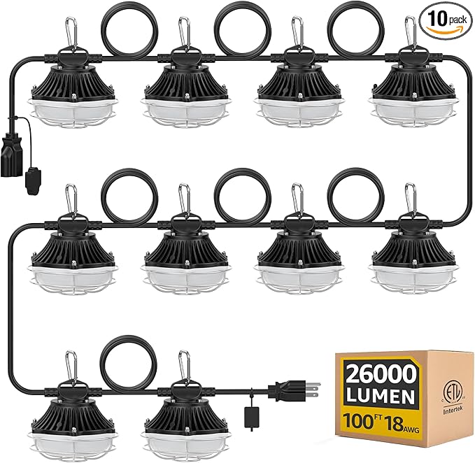 Aluminum Shell Construction String Lights: 100FT 250W Linkable ETL Listed Super Bright LED Industrial Outdoor Temporary Lighting String Hanging Work Lights for Attic Jobsite