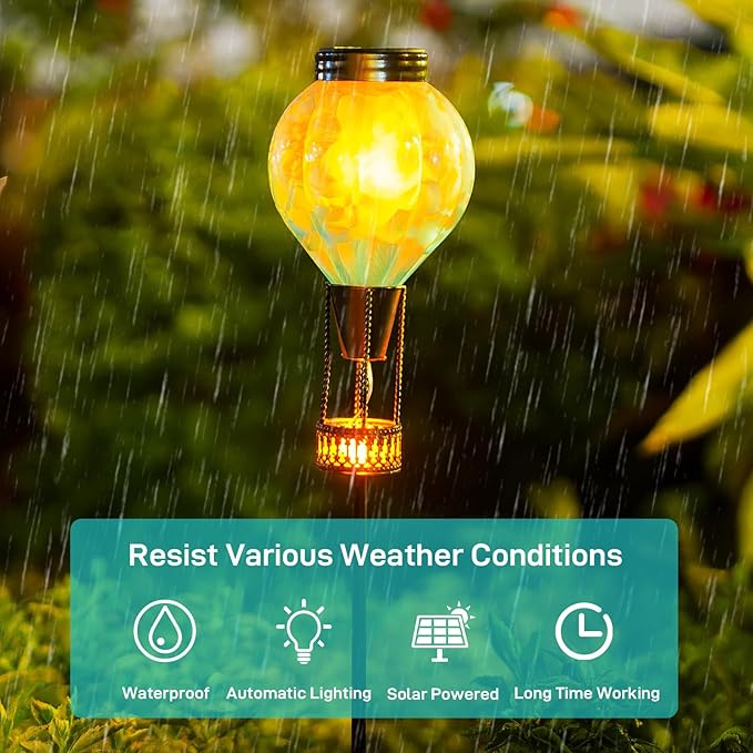 Solar Garden Lights Outdoor with Hot Air Balloon, Stake Garden Lights Solar Waterproof Flickering Lantern Lawn Pathway Patio Decor（Blue）