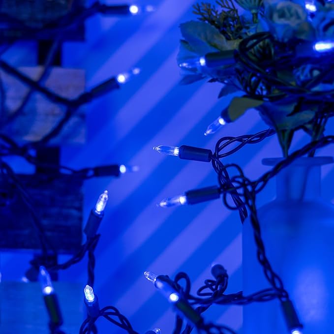 YULETIME 200 Blue Christmas Lights, Pack of 2 Sets 33 ft 100 Count Incandescent-Like LED String Lights (Blue)