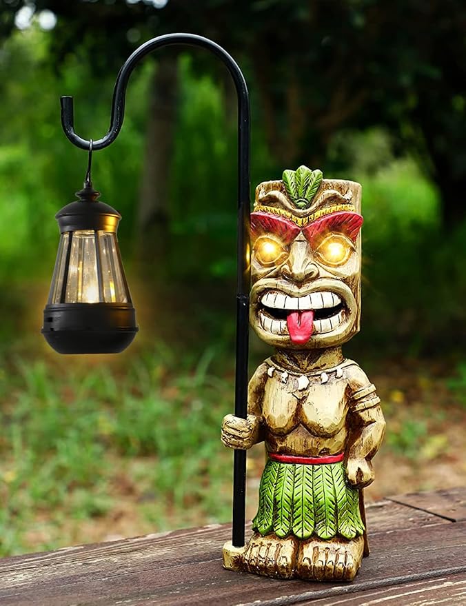 16.7" H Tiki Decor Garden Statue,Large Lantern Tiki Figurine with Solar Lights,Hawaiian Tiki Man Outdoor Patio Yard | Lumora