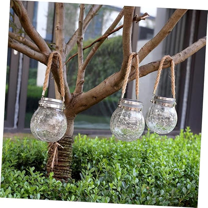 POPETPOP Solar Powered Crackle Glass Jar Lights Hanging Lamps for Outdoor Garden Lawn Patio Decor Unique Blue Light Design with Rope Handle