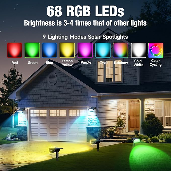 68 LEDs RGB Solar Spot Lights, 1000 Lumens 9 Lighting Modes Color Changing Solar Outdoor Lights, IP67 Waterproof | Lumora