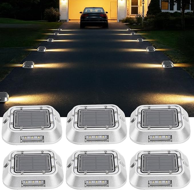 Solar Driveway Lights Outdoor LEDs Deck Driveway Markers Marine Dock Light Waterproof for Garden Ground Walkway Pathway Step Yard 6 Pack