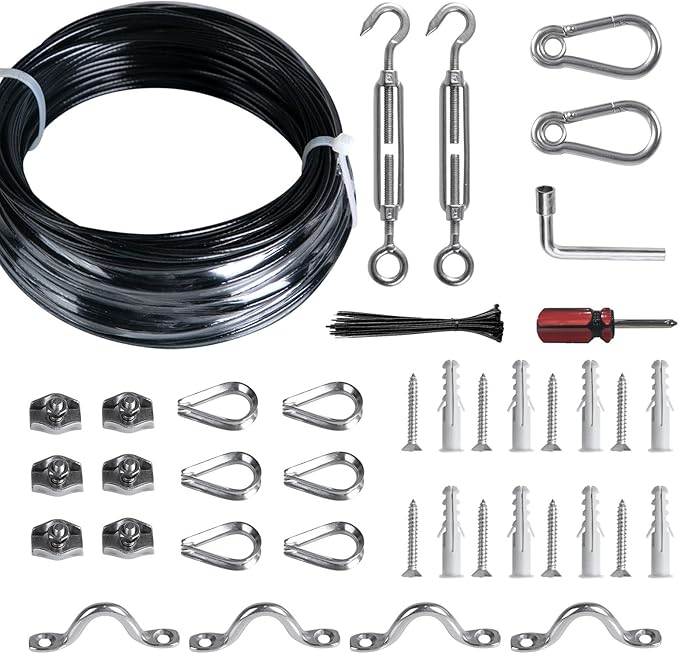 Brightown String Lights Hanging Kit for Outdoor, Includes 100Ft Stainless Steel(304) Suspension Rope Cable in Black | Lumora
