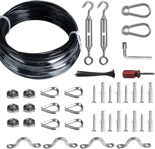 Brightown String Lights Hanging Kit for Outdoor, Includes 100Ft Stainless Steel(304) Suspension Rope Cable in Black Vinyl-Coated, Turnbuckle, Thimble, Hooks. Heavy Duty and Easy to Install
