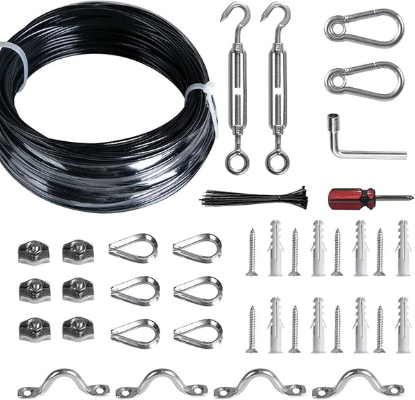 Brightown String Lights Hanging Kit for Outdoor, Includes 100Ft Stainless Steel(304) Suspension Rope Cable in Black | Lumora