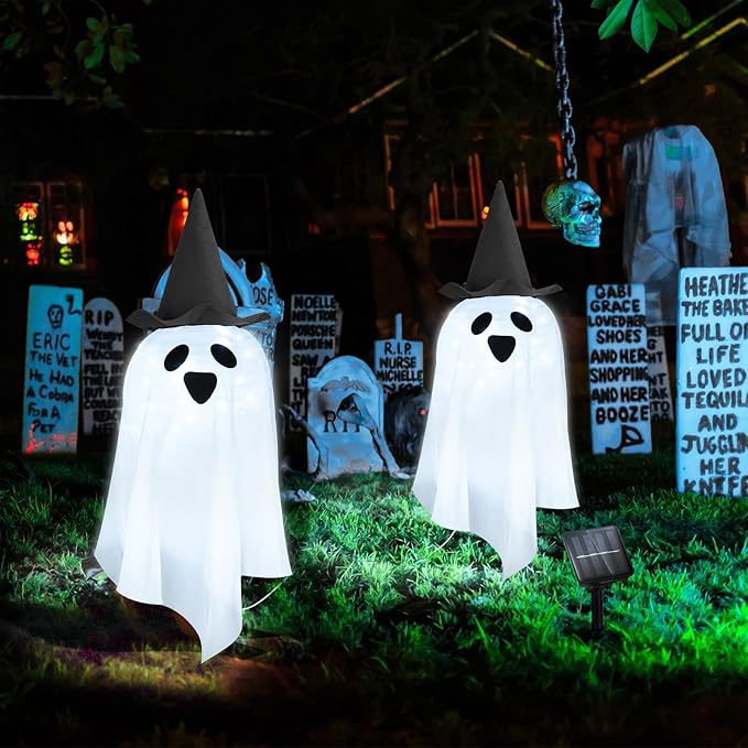 Solar Halloween Ghost LED Lights Outdoor, Set of 2 Big Ghost with Hat Stake Lights 2 Modes for Outdoor Halloween Pathway Yard Garden Decoration (Cool White-Ghost, 2 Pack)