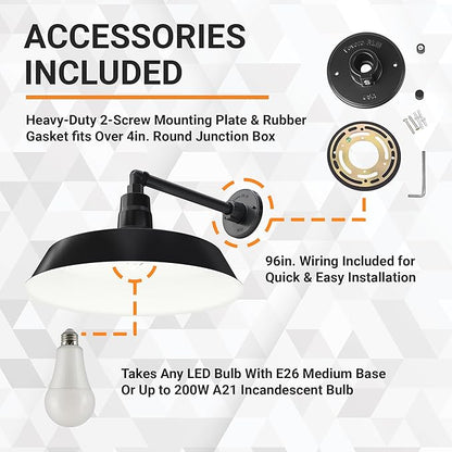 17in. Satin Black Outdoor Gooseneck Barn Light Fixture With 13in. Long Extension Arm - Wall Sconce Farmhouse, Vintage, Antique Style - UL Listed - 9W 900lm A19 LED Bulb (5000K Cool White)