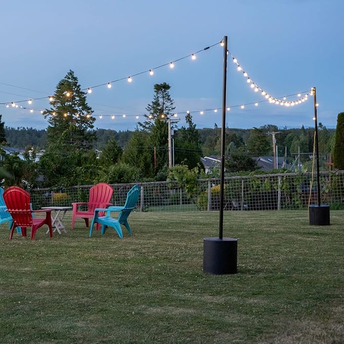 Outdoor String Light Pole Stand with 25 ft G40 Bistro String Lights - 9.5 Feet, Black, Heavy-Duty with Freestanding | Lumora