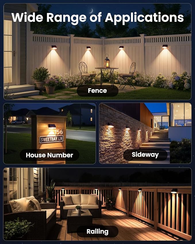 VOLISUN Fence Lights Solar Powered 8 Pack, Dusk to Dawn Solar Fence Lights Outdoor Waterproof with Warm White LED Spot Lens, Solar Light for Fence, Yard, Wall, Backyard, Railing, Deck, and Patio