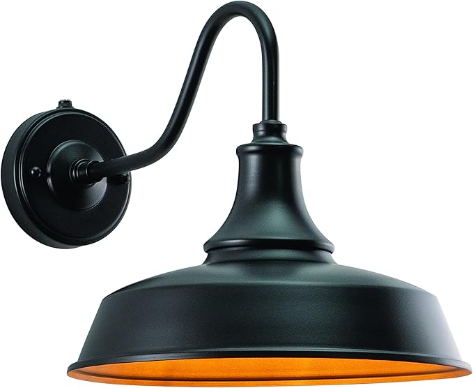 VAXCEL Dorado 11.5 in. H 1-Light Dark Bronze and Light Gold Dusk to Dawn Sensor Farmhouse Outdoor Wall Sconce, Gooseneck Steel Shade, Dark Sky Compliant for Exterior Porch Patio Front Door or Garage