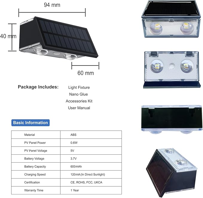 (4 Pack) Solar Wall Lights Outdoor,Warm White Colorful,Cordless,Waterproof IP65,0.6W PV Panel,Up Down Lamp Bright | Lumora