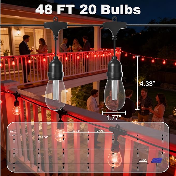 Solar Outdoor String Lights Waterproof - 48FT Color Changing Led Outside Patio Light with 20 Bulbs, Remote Control RGBW Outside Lights for House Yard Party Balcony Bistro Backyard Decor