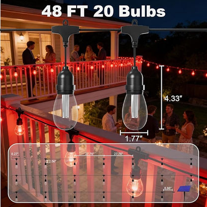 Solar Outdoor String Lights Waterproof - 48FT Color Changing Led Outside Patio Light with 20 Bulbs, Remote Control RGBW Outside Lights for House Yard Party Balcony Bistro Backyard Decor