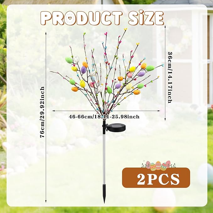 2 Pack Solar Easter Egg Lights Outdoor, 96 LED Waterproof Solar Easter Yard Decorations Outdoor Easters Yard Stakes Lights with 2 Lighting Modes for Outside Lawn Walkway Patio Cemetery Grave